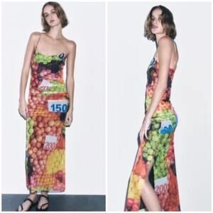 NWT Zara Multicolored Fruit Print Mesh Stretch Bodycon Maxi Dress Size Small